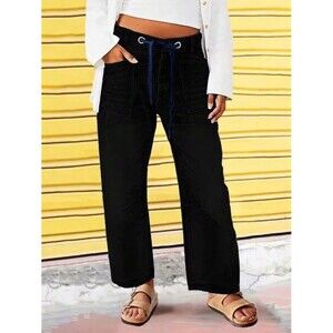 SHEIN Pocket Drawstring Casual Straight Leg Black Denim Jeans Size Large